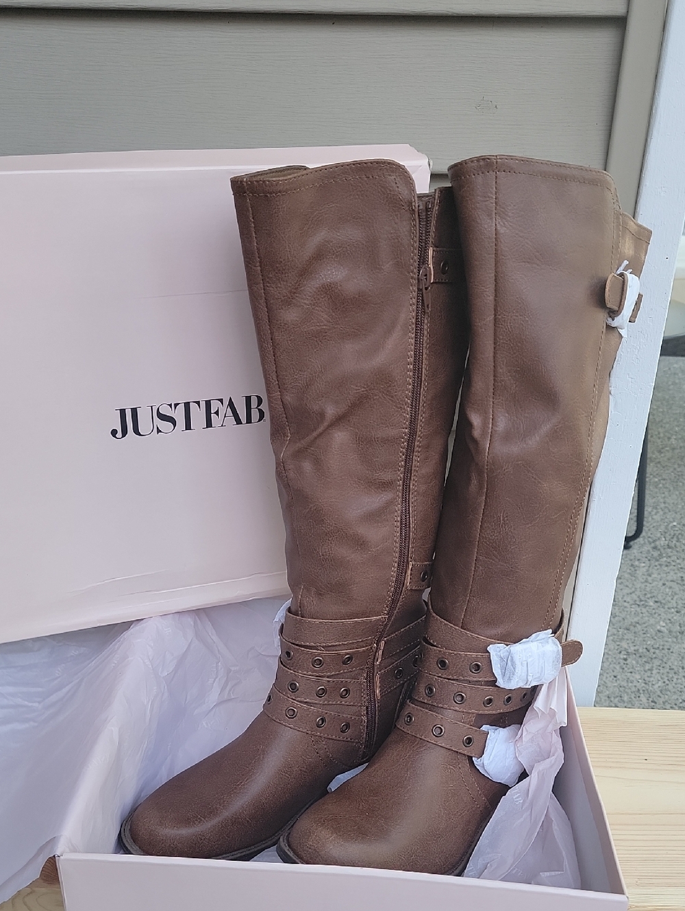NWT JustFab Brown Faux-Leather Knee High Buckle Boots